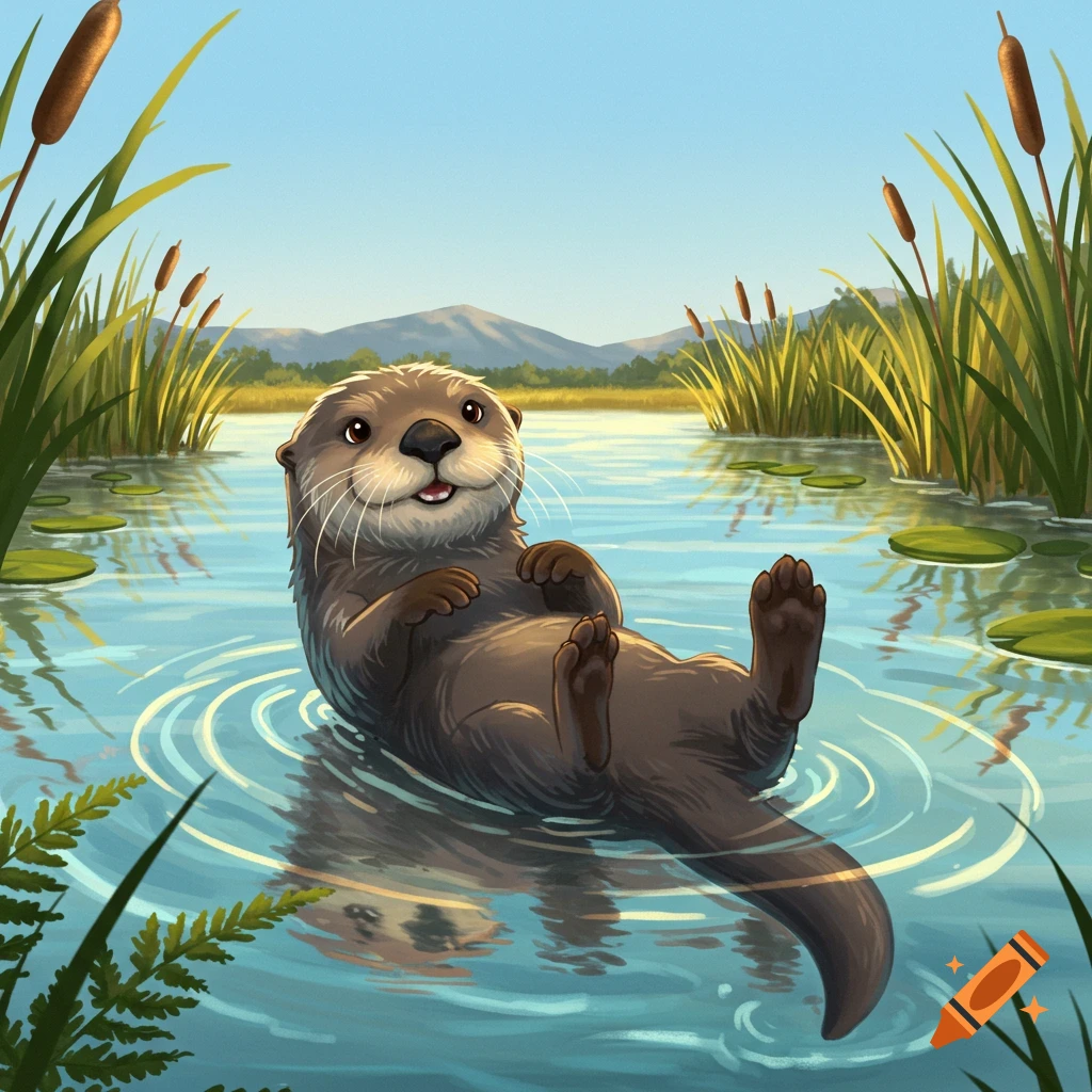 An animated illustration of a cute otter floating on its back in a calm lake, surrounded by reeds and lily pads.