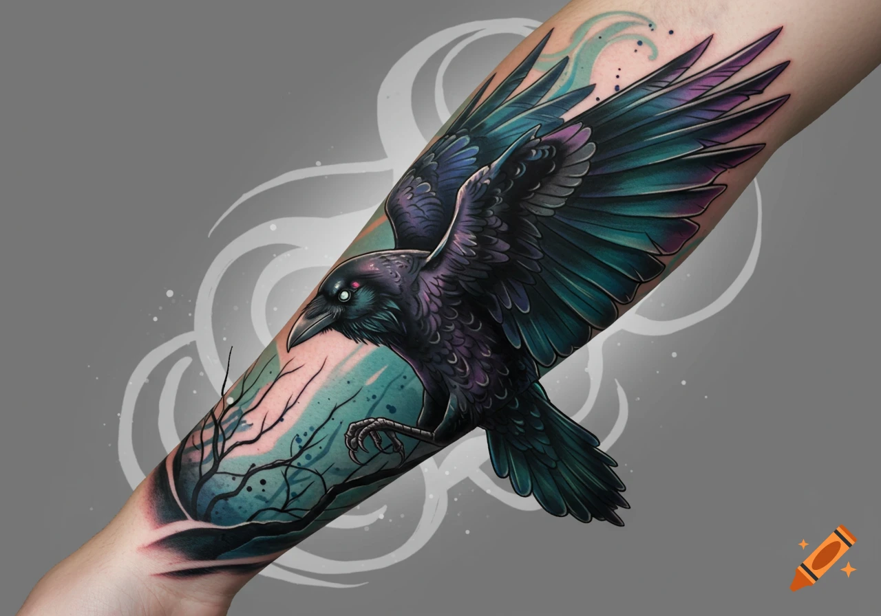 Vibrant tattoo of a black crow with iridescent wings on a forearm, set against stylized trees and abstract teal and pink background.