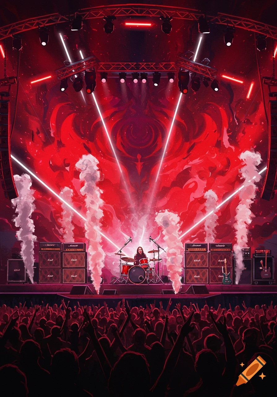 A drummer on a vibrant red stage bathed in light, with smoke, performing for a silhouetted crowd in an illustrative style.