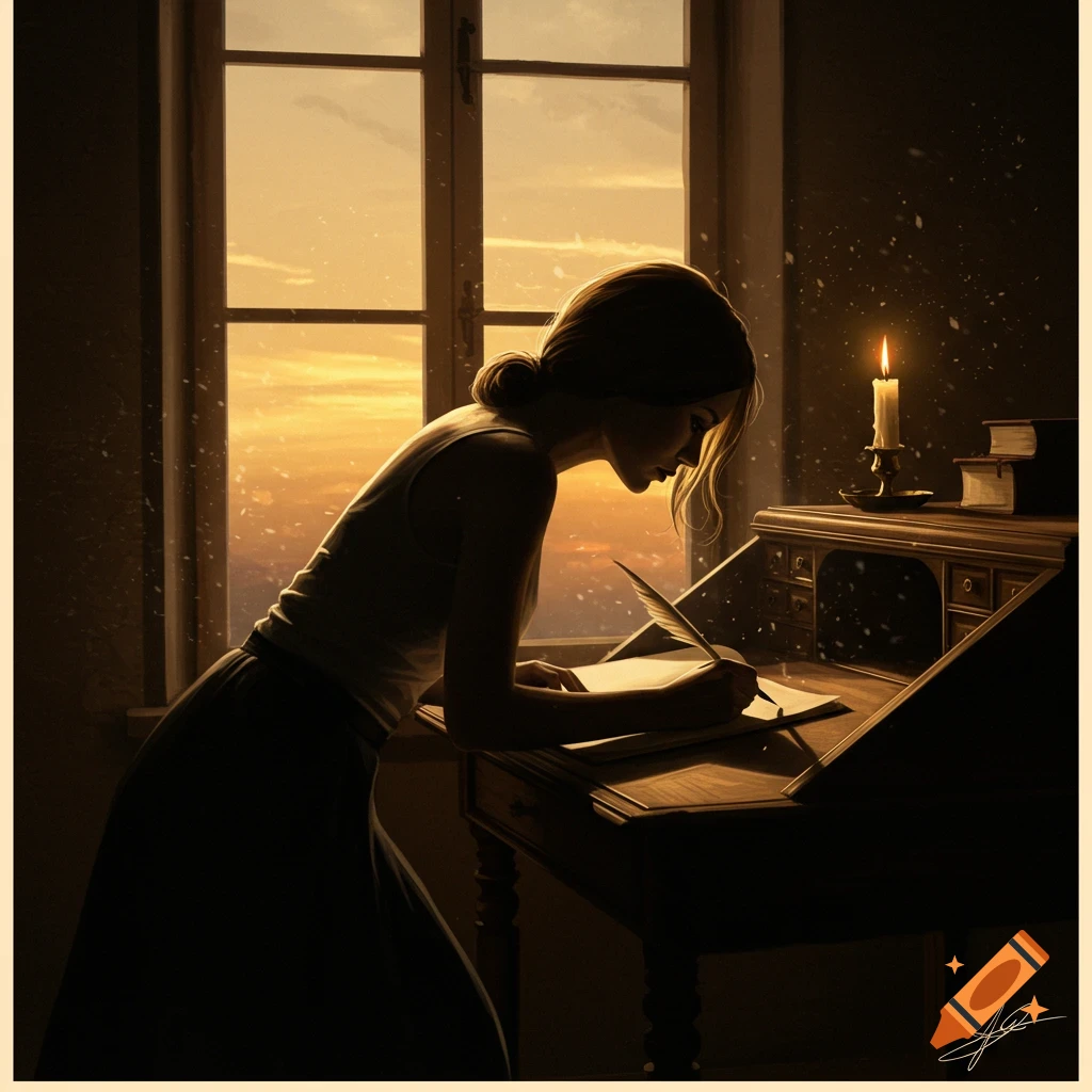 A woman writes in a journal with a quill by candlelight at a desk, with a warm sunset visible through the window, in a classical painting style.