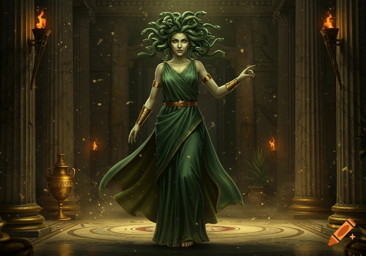 A mythical Medusa in a green gown with snakes for hair stands in a torchlit Greek temple.