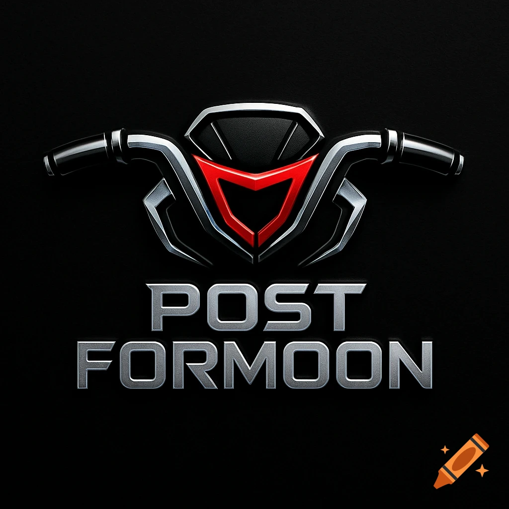A black and silver logo with a red v-shape resembling motorcycle handlebars. Metallic silver letters read 'POST FORMOON'.