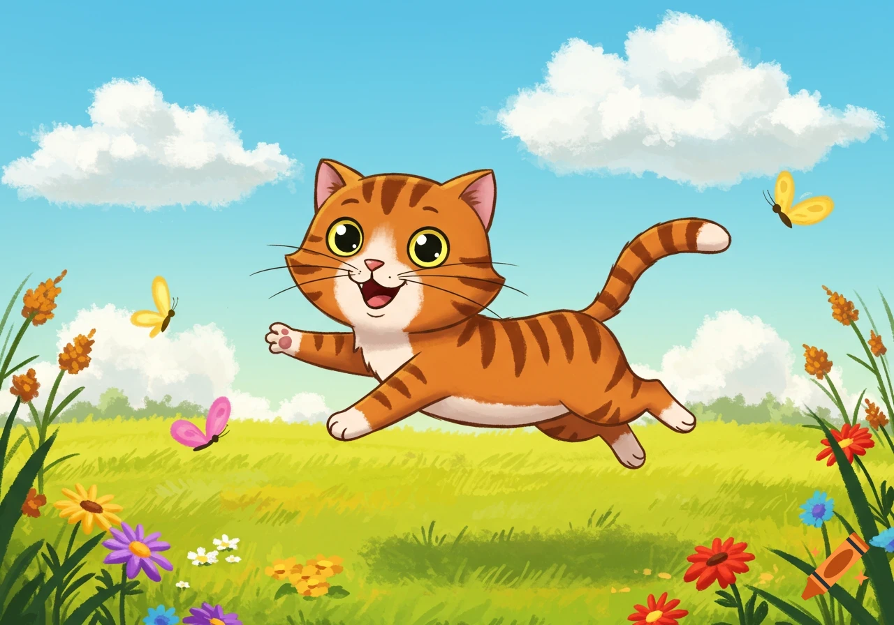 A happy cartoon orange tabby cat runs through a green field filled with colorful flowers and butterflies under a blue sky.