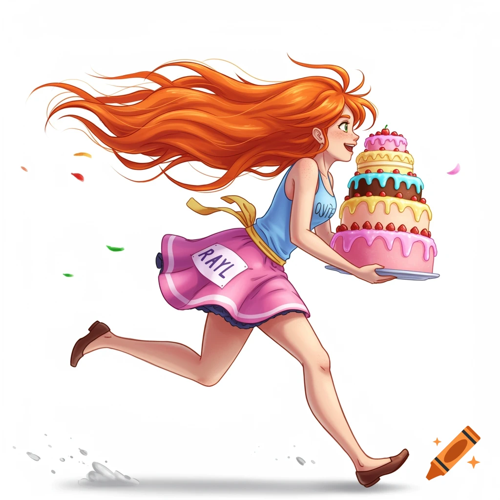 Animated cartoon girl with long red hair running while holding a large, colorful tiered cake.