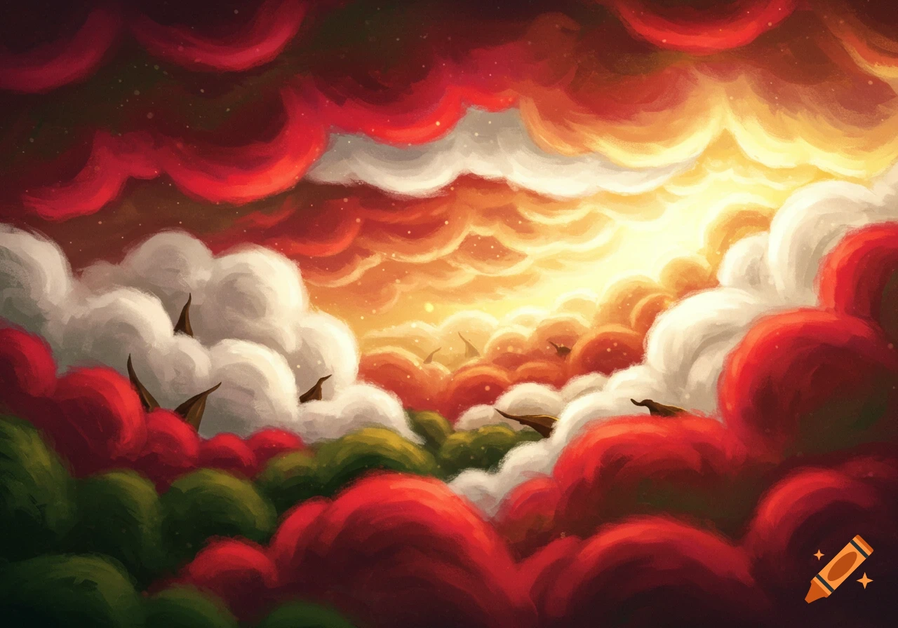 A painterly scene of red, white, and green cloud-like formations with golden light.