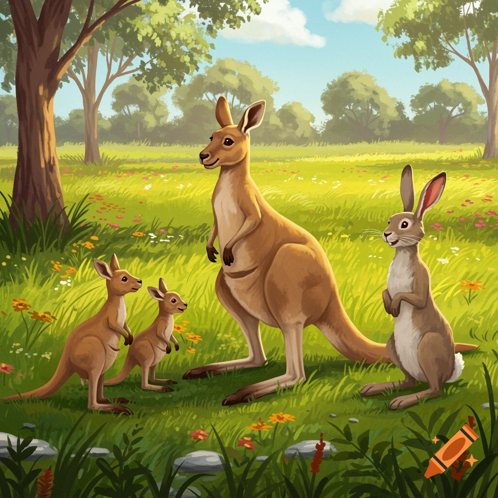 A cartoon mother kangaroo, two joeys, and a hare stand in a sunny, grassy field with trees and flowers.