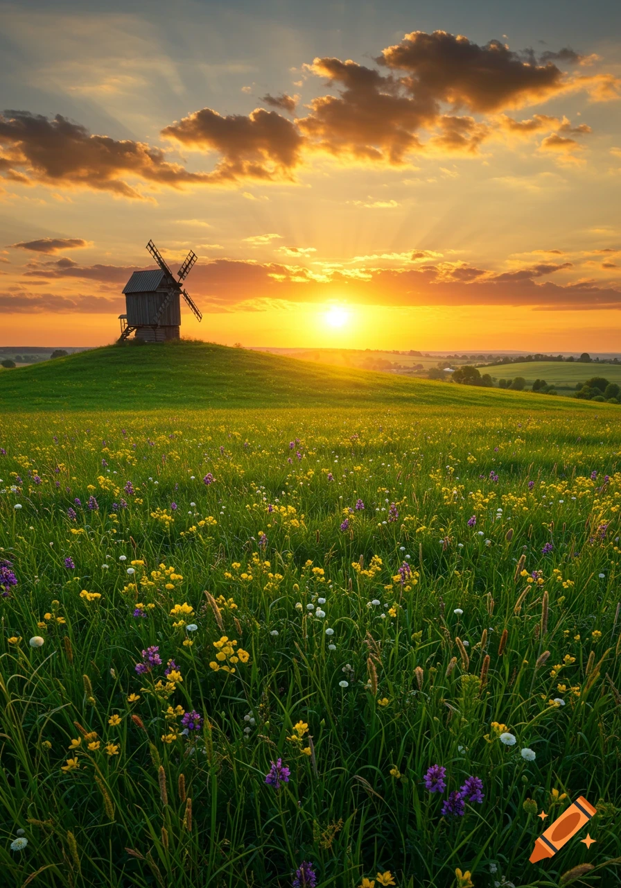 A rustic wooden windmill sits atop a green hill covered in wildflowers under a vibrant orange and yellow sunset.