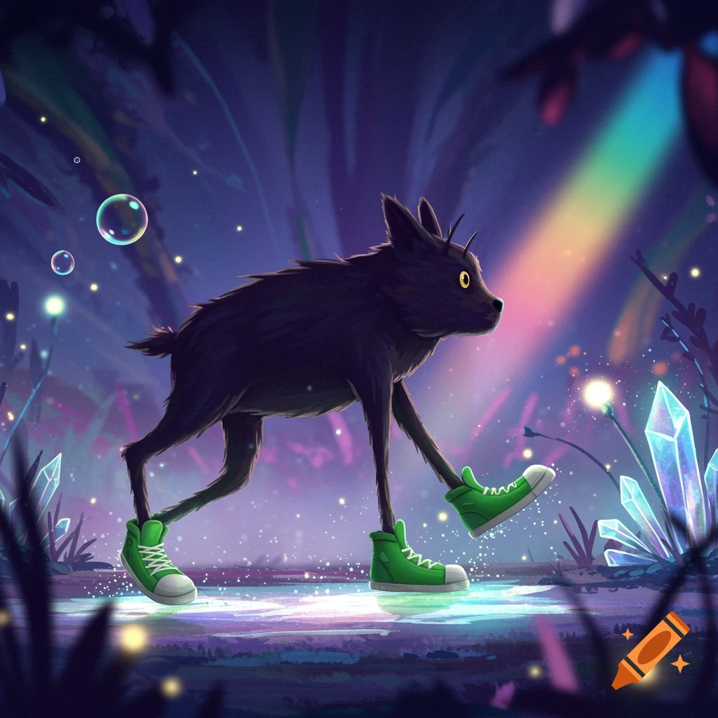 A dark, furry creature with large yellow eyes and pointy ears walks through a magical, glowing forest, wearing bright green sneakers on all four feet. Illustration.
