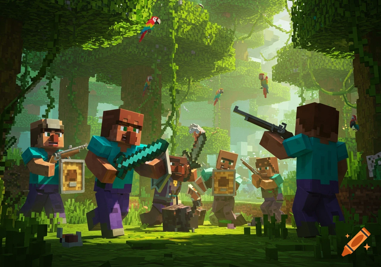 Minecraft villagers and pillagers in a jungle battle. Villagers wield swords and shields, while pillagers use muskets, in a blocky, game-style scene.