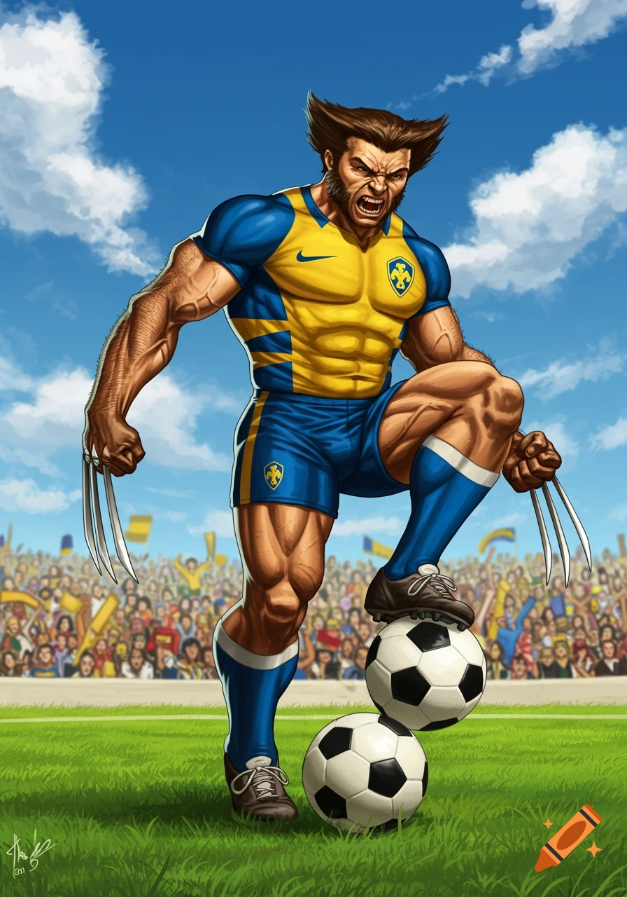 Wolverine, in a yellow and blue soccer uniform, stands aggressively on a soccer ball on a field in a stadium, with his claws extended. Comic book illustration.