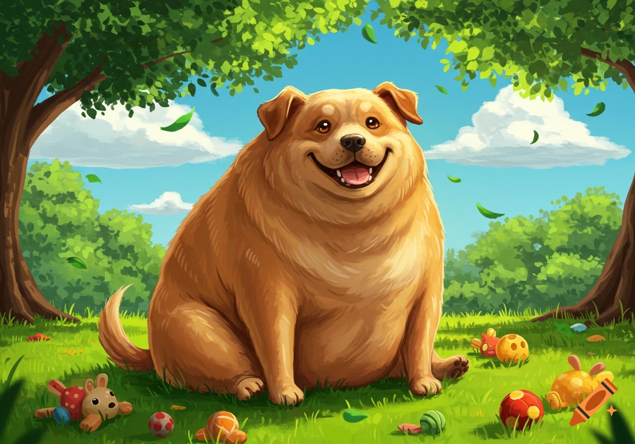 A happy, very fat golden-brown dog sitting in a sunny green park with trees and toys, cartoon illustration.