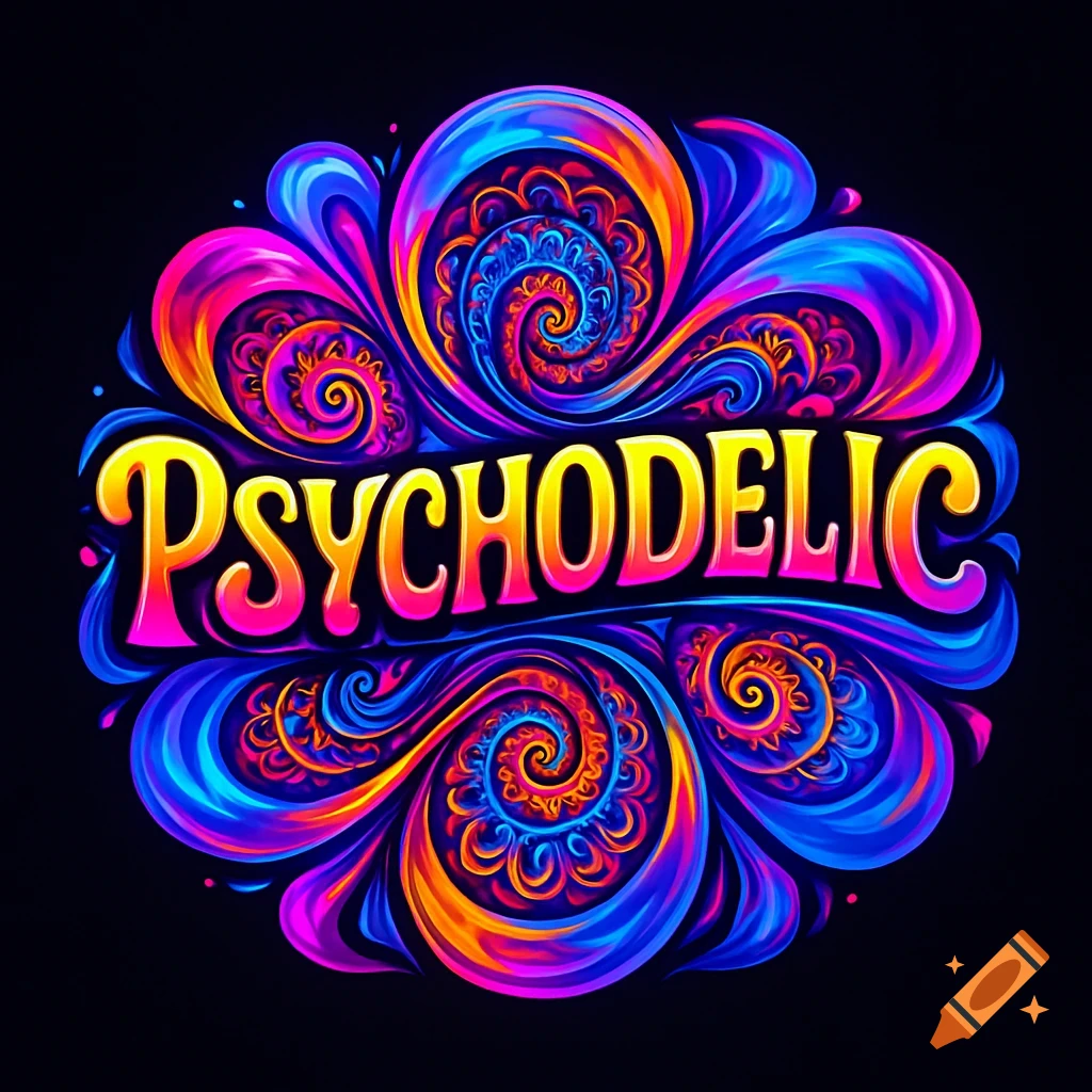 A vibrant, colorful logo for the word "PSYCHODELIC" with swirling, abstract patterns in blue, pink, orange, and yellow on a dark background.