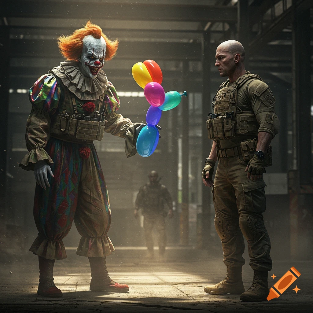 An evil-looking clown in a tactical vest offers a balloon animal to a serious military operator in a gritty, industrial setting.