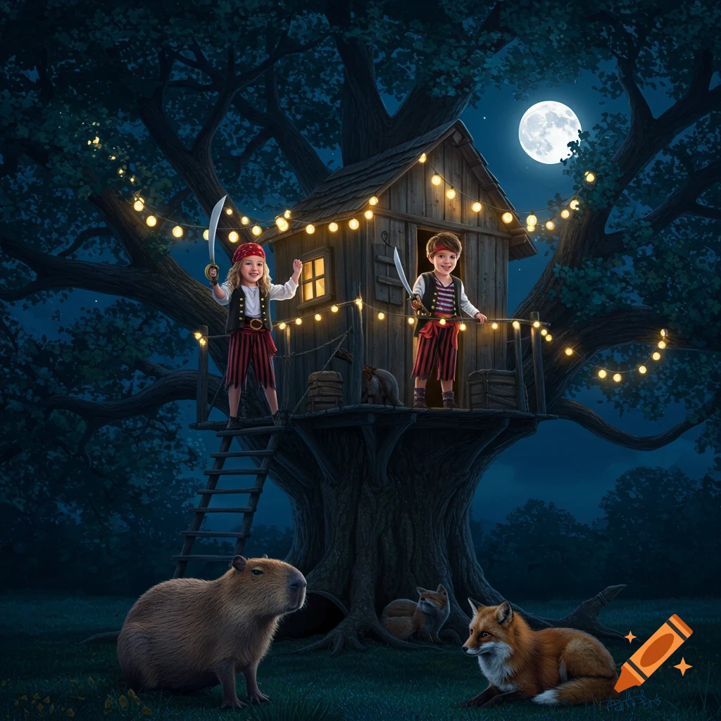 Two pirate children play in a lit treehouse at night, while a capybara and foxes are on the ground below a full moon.