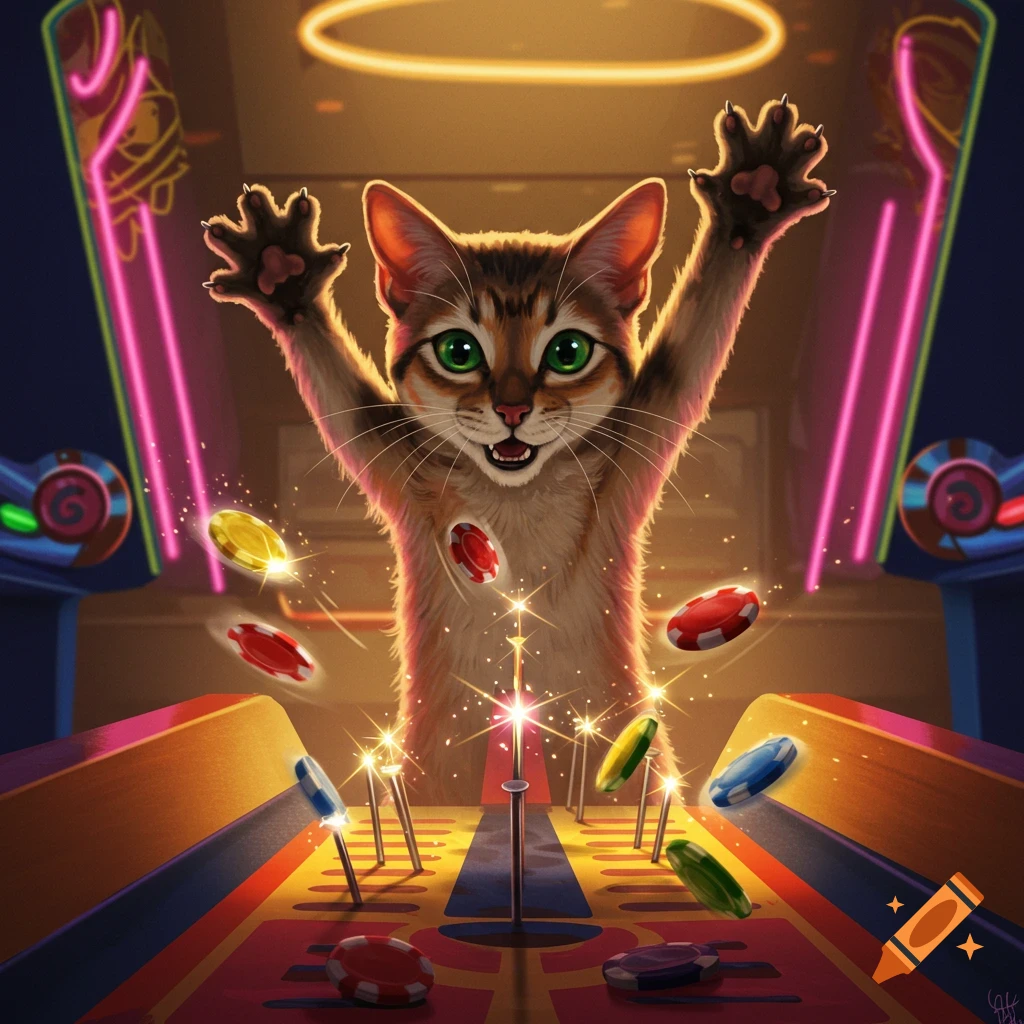 A vibrant illustration of a cat enthusiastically playing a Plinko arcade game, with colorful chips falling.