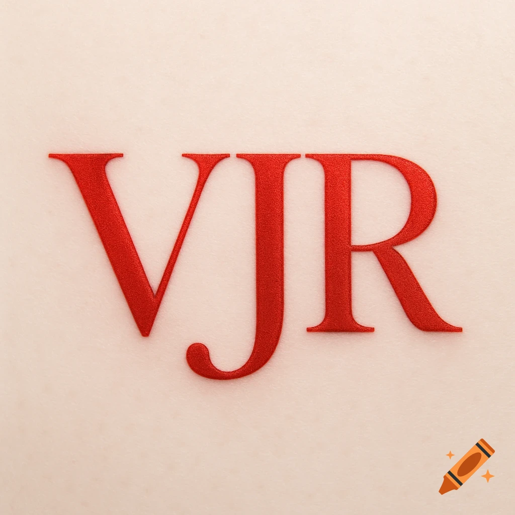 Red embossed letters VJR resembling a tattoo on a light skin-toned surface.