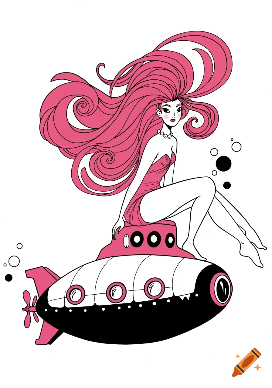 A stylized woman with long pink hair sitting on a pink, black, and white submarine, in a simple art nouveau cartoon style.