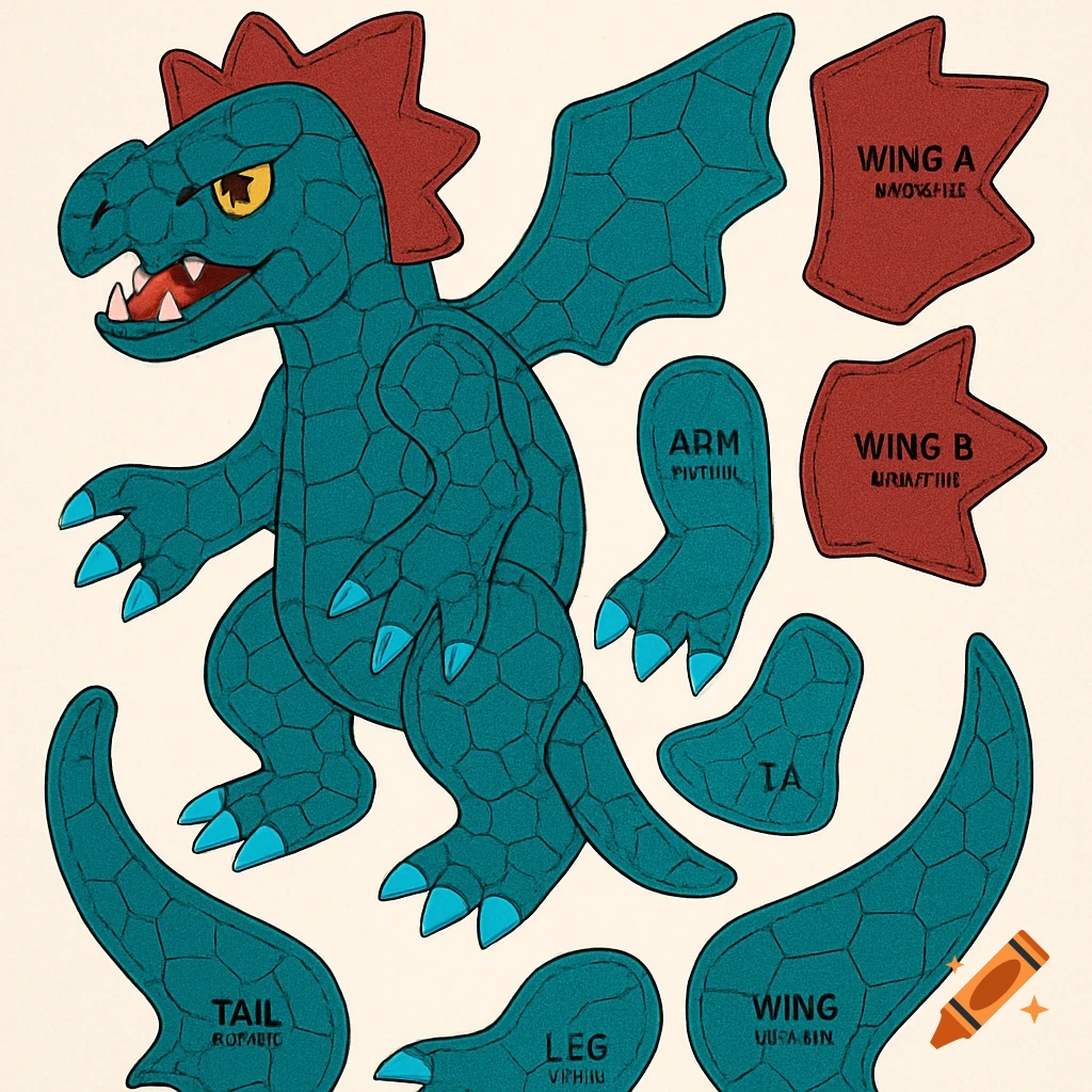 A sewing pattern for a Druddigon plushie, featuring the teal body and red spikes, with individual pieces like wings, arms, legs, and tail labeled.