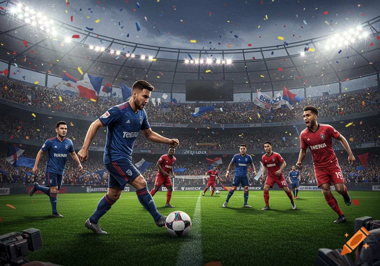 A photorealistic image of a soccer match in a large stadium with confetti falling, showing players in blue and red jerseys.