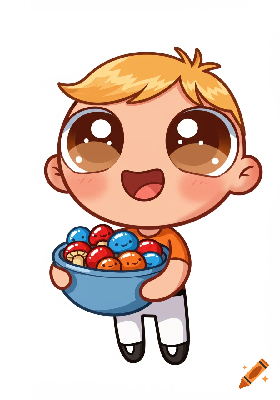 A happy 2D cartoon boy with large eyes holds a bowl of colorful, round mushrooms.