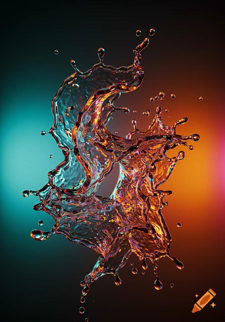 A vibrant 3D liquid splash in shades of teal, orange, and pink, with light reflecting off its shiny surface.