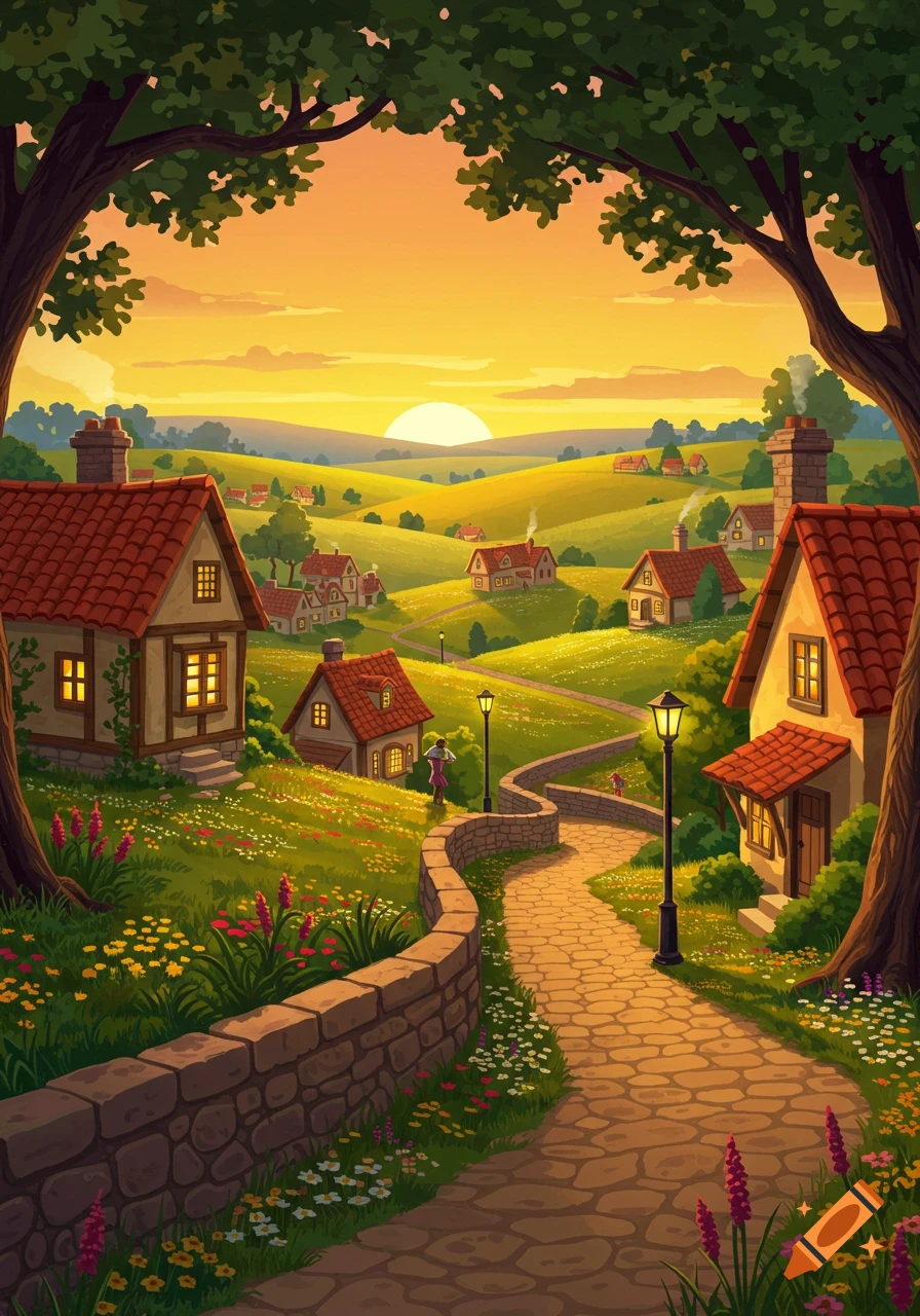 A colorful, stylized illustration of a charming village nestled in rolling green hills at sunset, with a winding stone path leading through it.