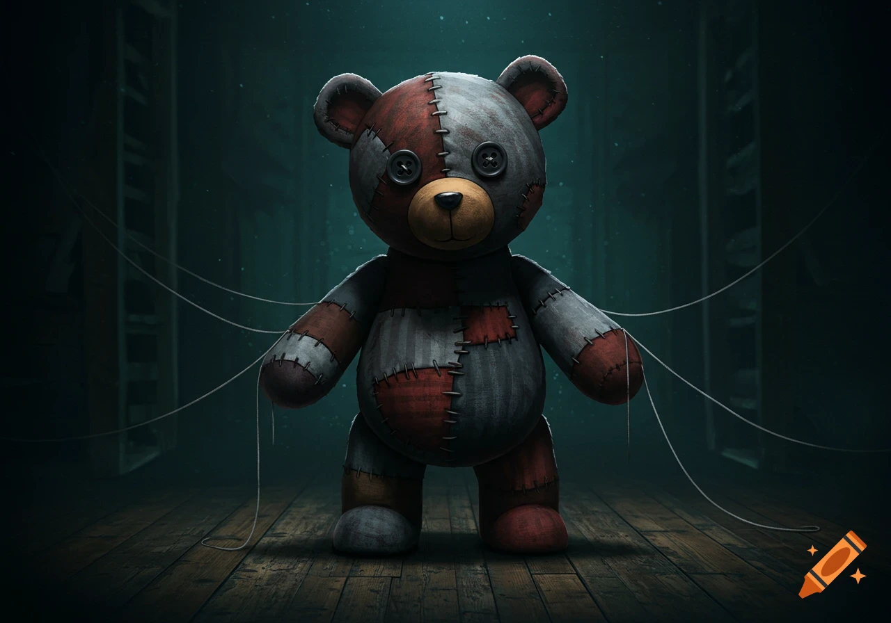 A spooky patchwork teddy bear with button eyes stands in a dark, ominous room with loose threads.