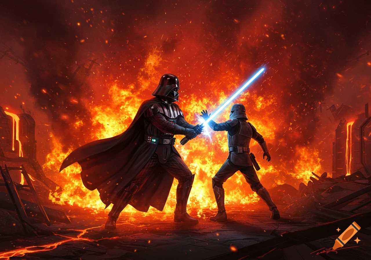 Darth Vader duels an armored figure with blue lightsaber amidst intense flames and flowing lava.