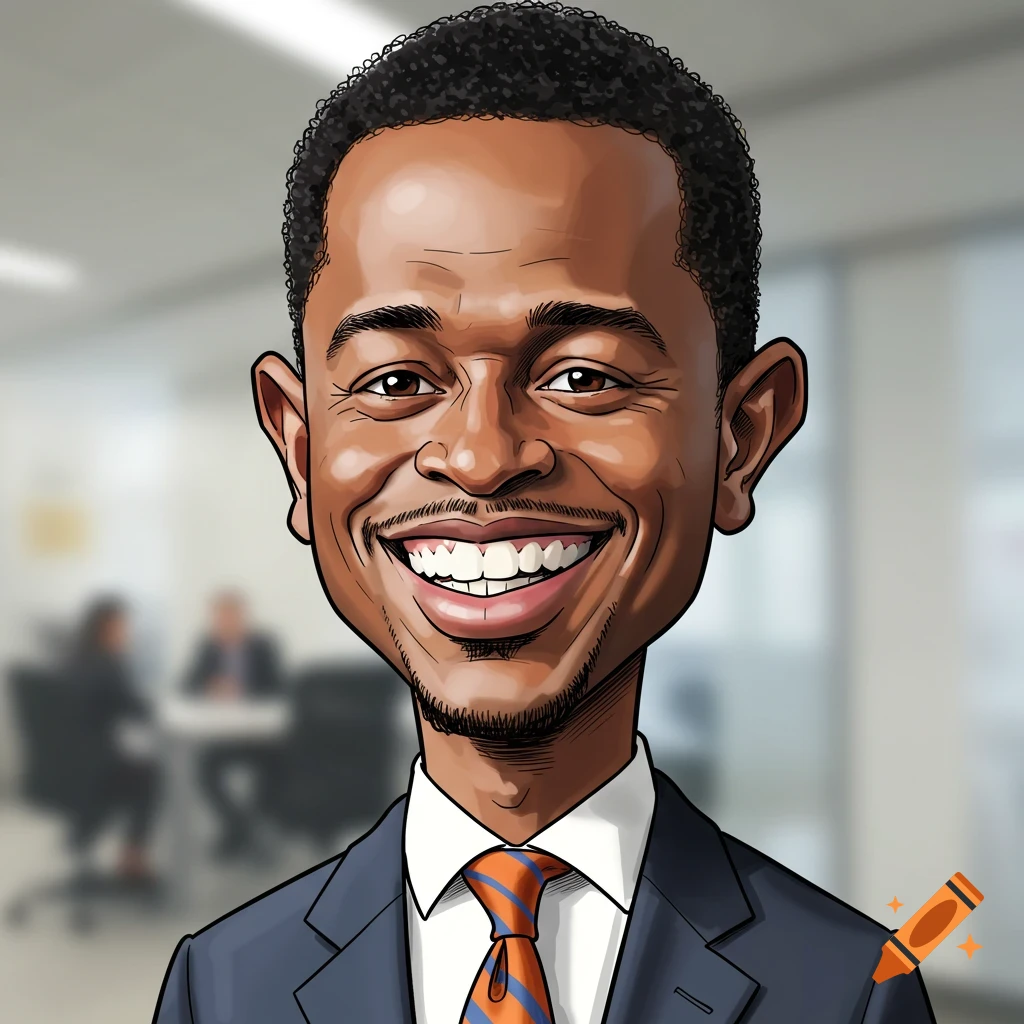 A cartoon caricature portrait of a smiling Black man in a dark suit with an orange and blue striped tie.