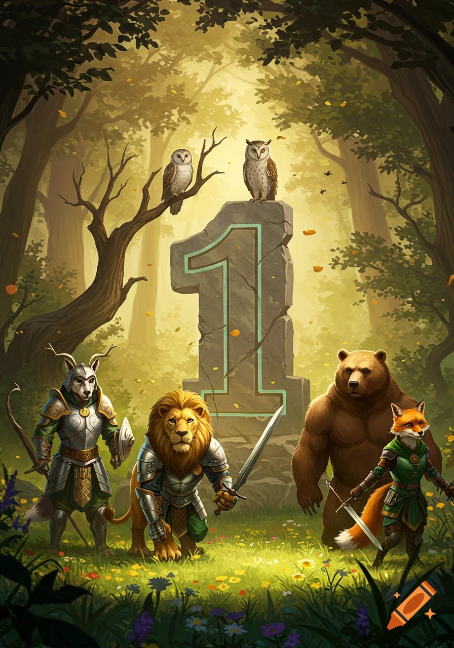 Anthropomorphic warrior animals, including a lion, bear, fox, and wolf, stand in an autumn forest around a large stone number 1.