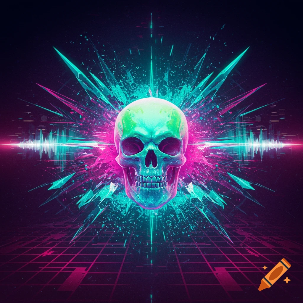 A vibrant neon green and pink skull explodes with sharp, shattered light and sound waves on a dark futuristic grid.