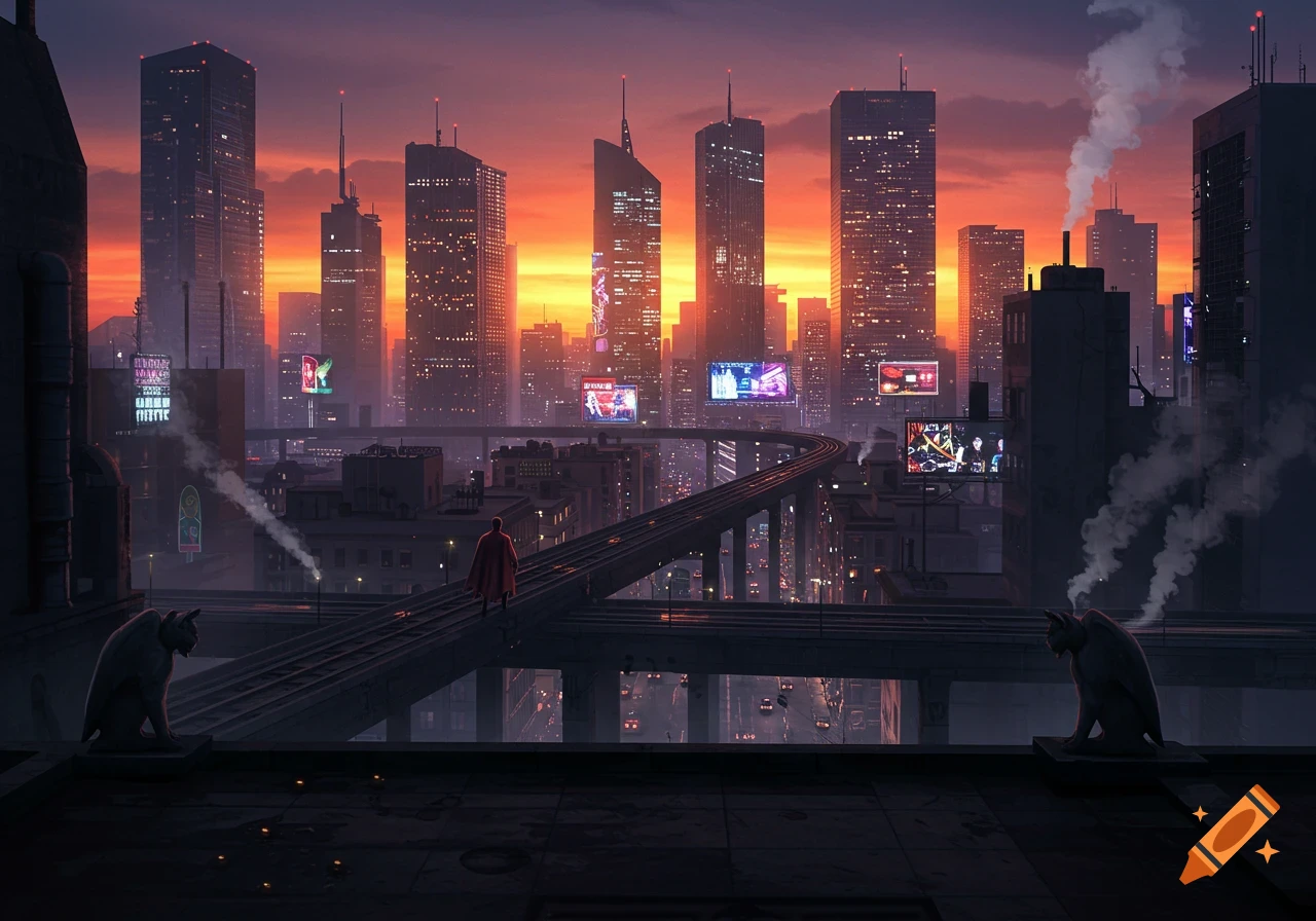 A lone figure in a red cape stands on an elevated train track overlooking a sprawling futuristic city at sunset, with neon billboards and two gargoyle statues in the foreground.