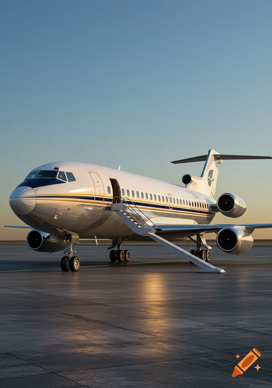 A photorealistic image of a white private jet with blue and gold stripes parked on a tarmac, with its front stairway deployed.