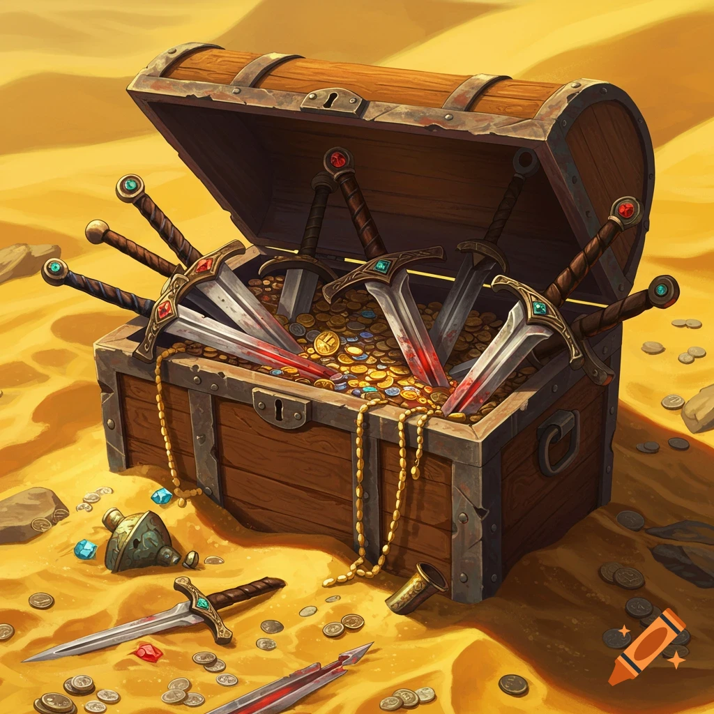 An open wooden treasure chest overflowing with gold coins, gems, and stylized swords with red liquid, set in desert sands.