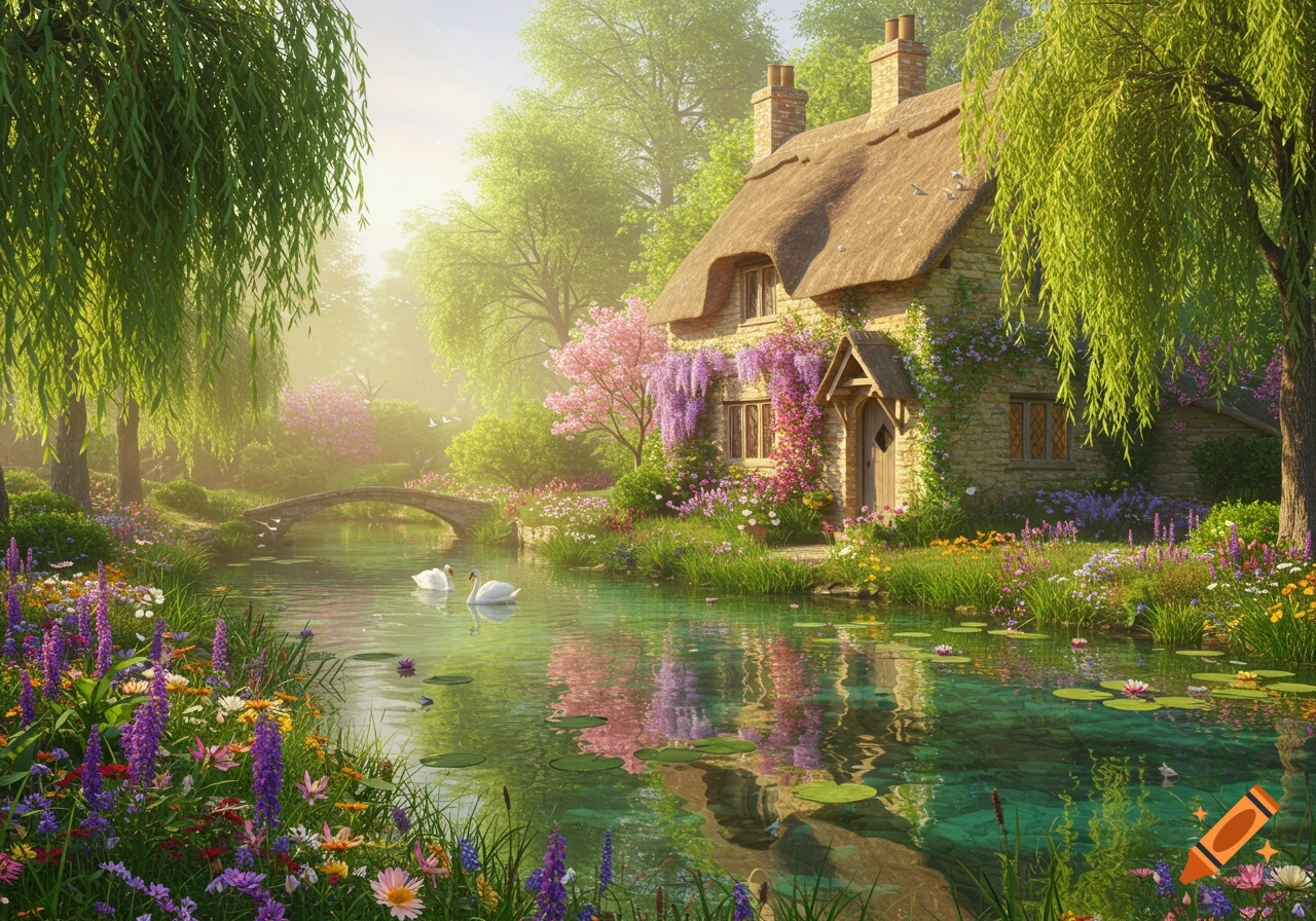 A tranquil scene with a thatched-roof cottage by a pond with swans, surrounded by vibrant flowers and lush greenery.