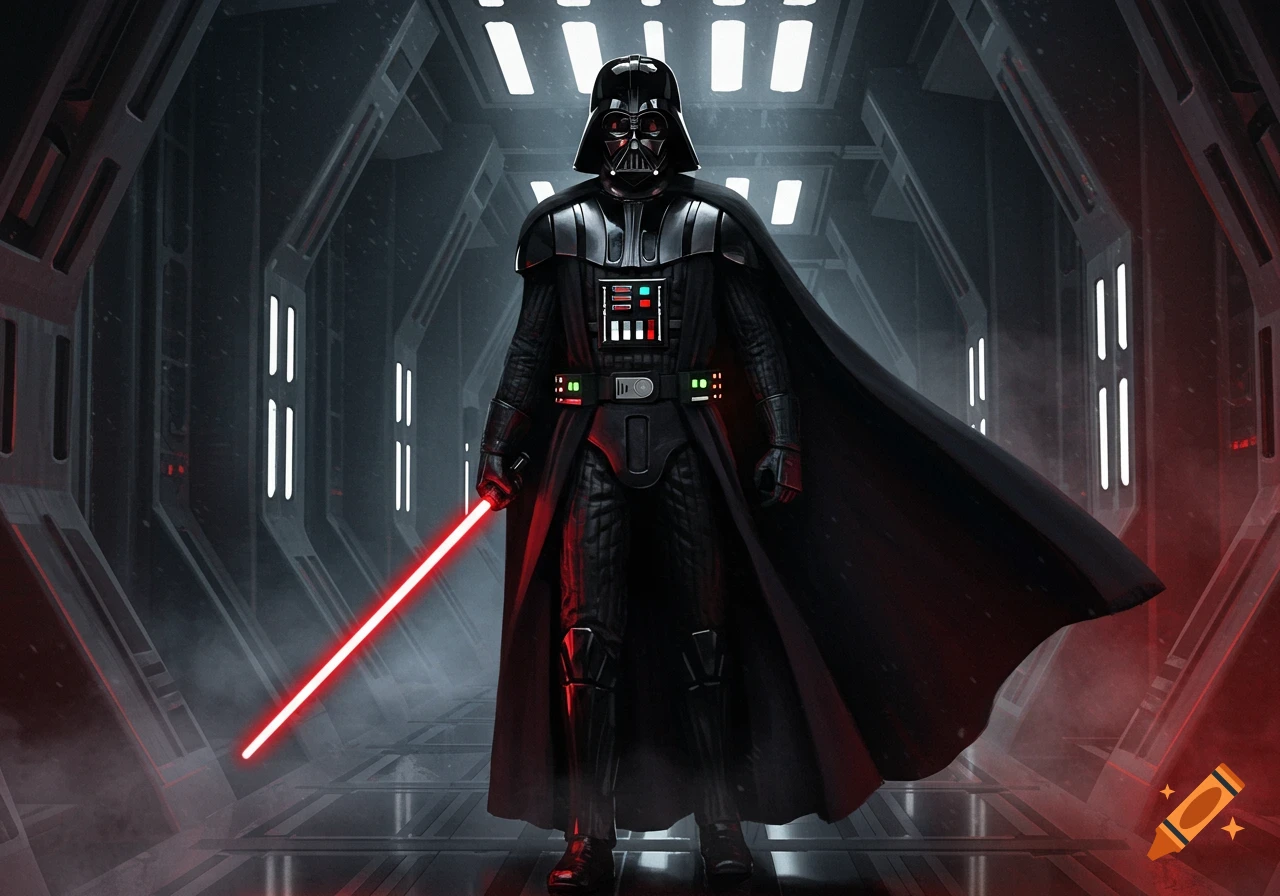 Darth Vader stands in a dark spaceship corridor, holding a red lightsaber.