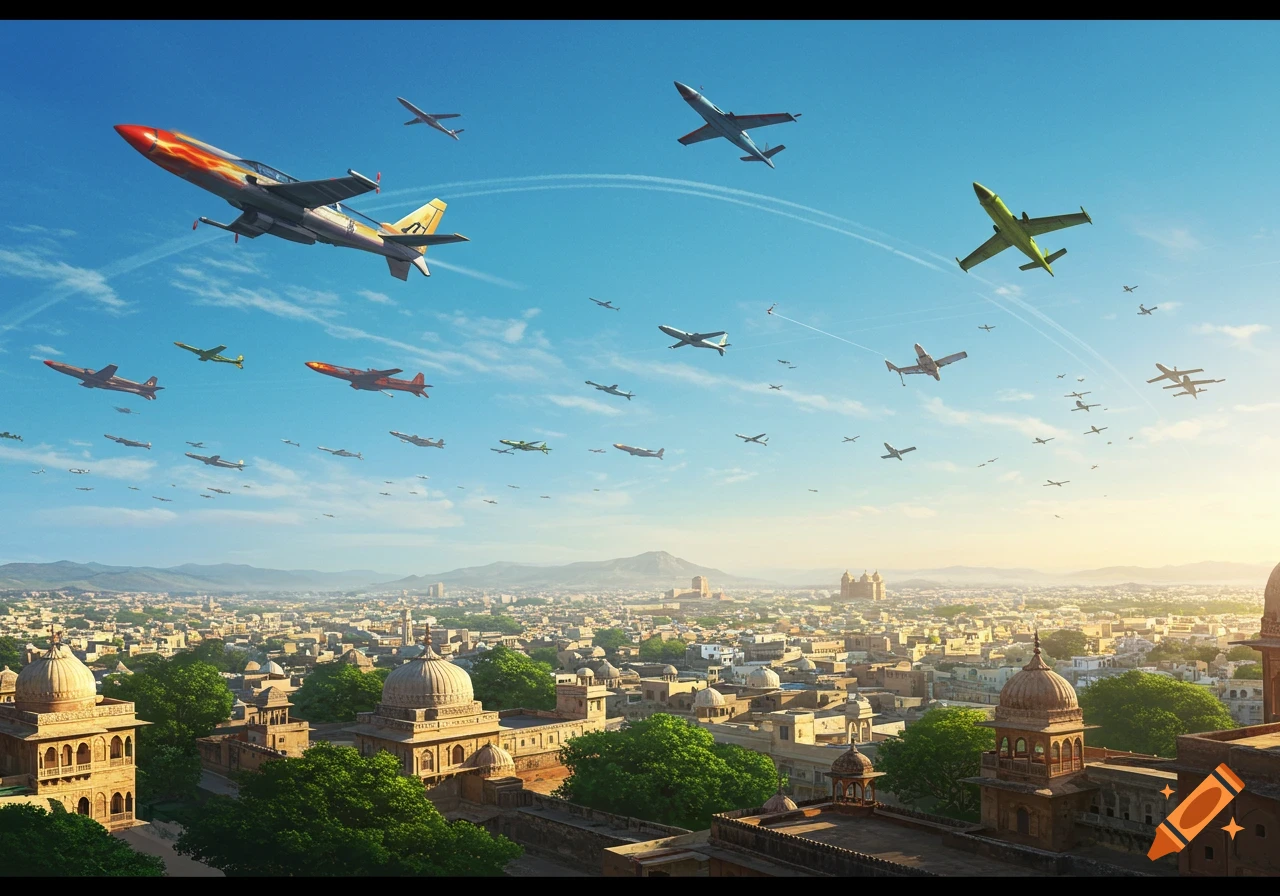 Many colorful airplanes fly across a clear blue sky above an Indian city with traditional architecture and distant mountains.