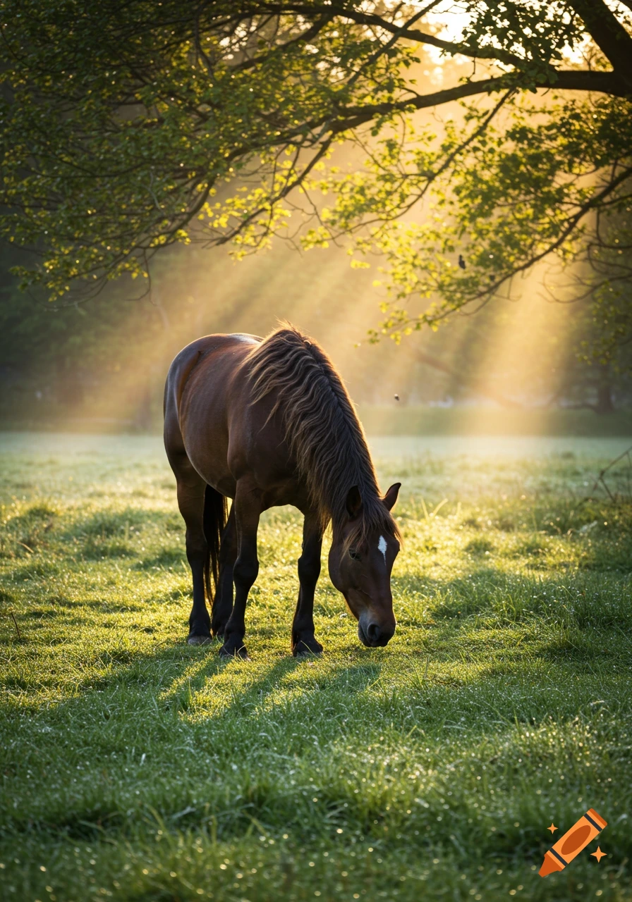 A brown horse with a white blaze grazes in a sunlit green field with golden light rays filtering through trees.
