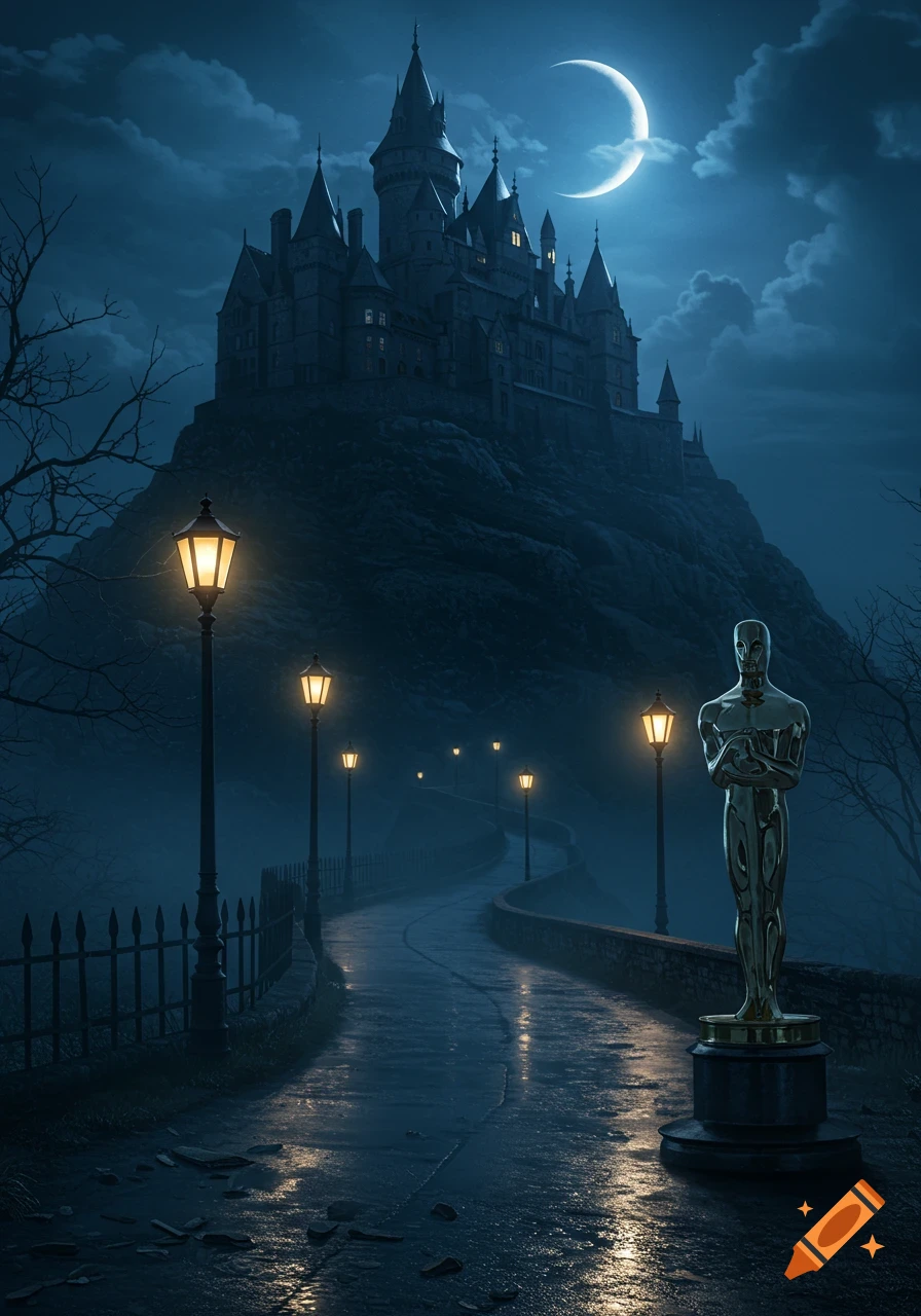 A gothic castle on a hill at night, with a winding path lined by lampposts and an Oscar statue in the foreground.