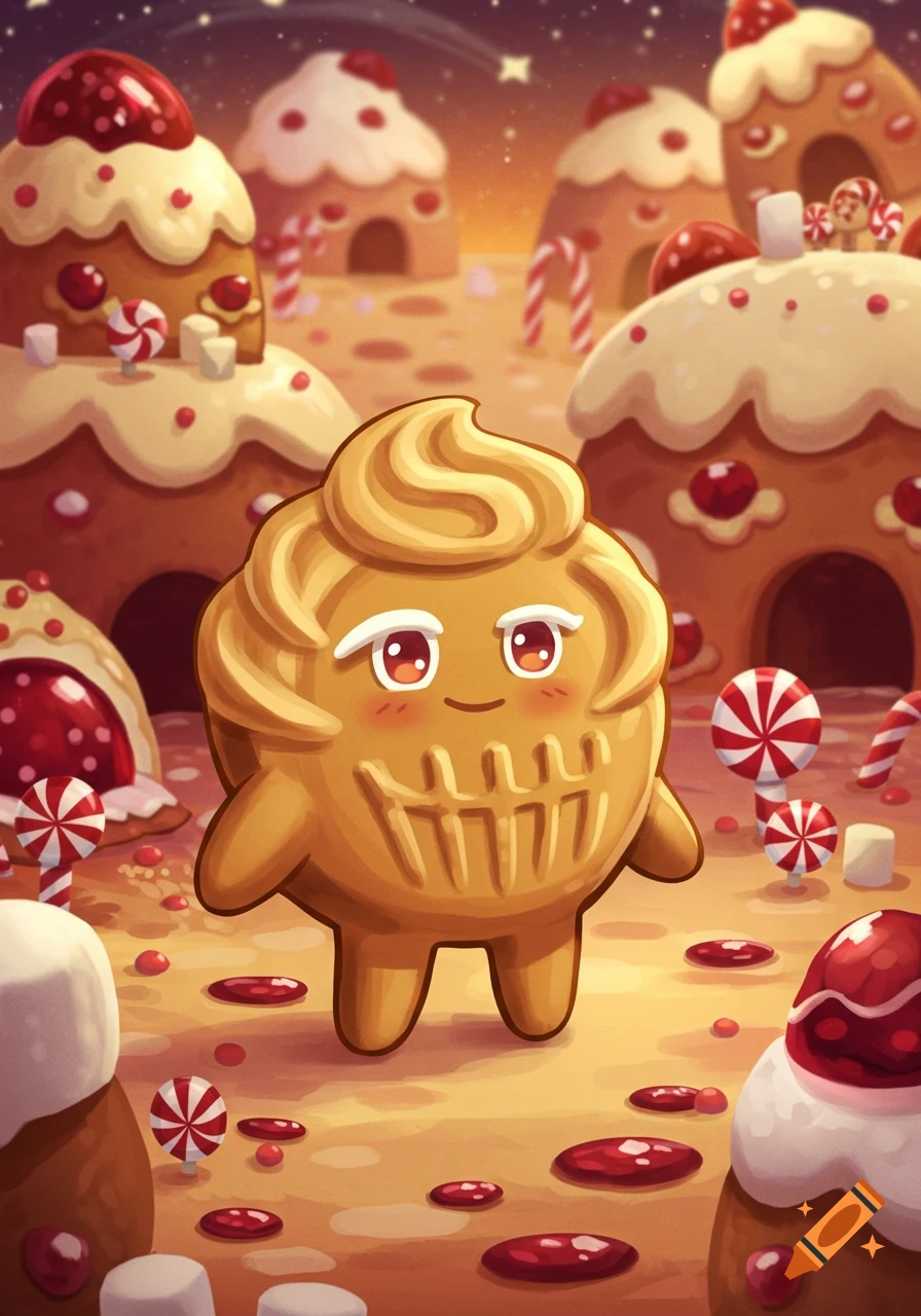 A cute, smiling peanut butter cookie character in a whimsical candy land with gingerbread houses and sweets, in a vibrant cartoon style.