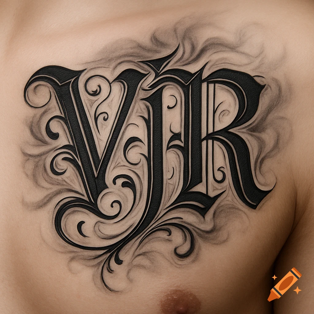 Photorealistic black letter tattoo of 'VJR' with ornate flourishes and smoky shading on a person's chest.