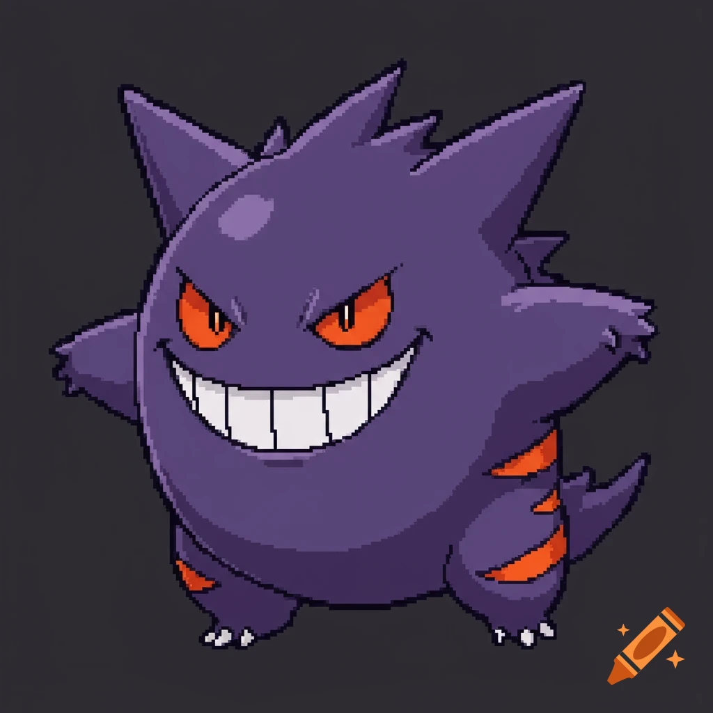 A pixel art sprite of the purple ghost Pokemon, Gengar, with orange eyes and a wide, toothy grin on a dark background.