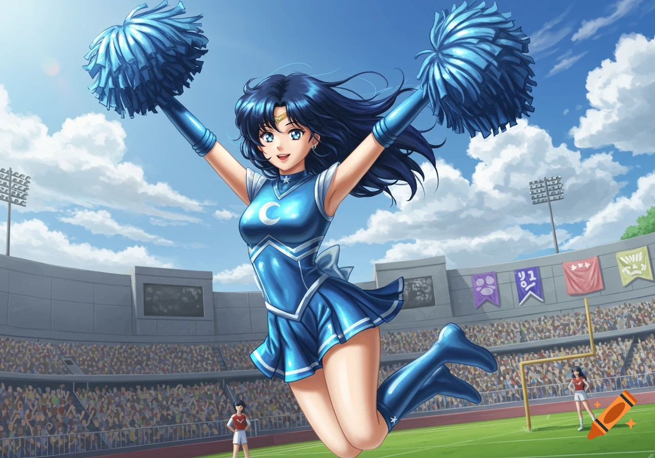 Anime girl in a blue cheerleader uniform with pom-poms, jumping in a sunny stadium filled with spectators.