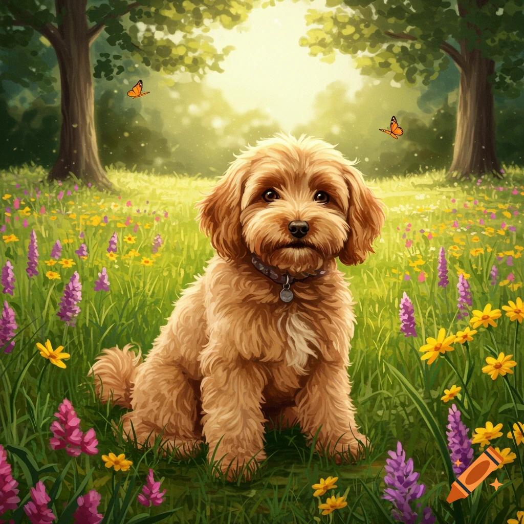A fluffy brown cockapoo dog sits in a sunny meadow filled with colorful wildflowers and tall trees.