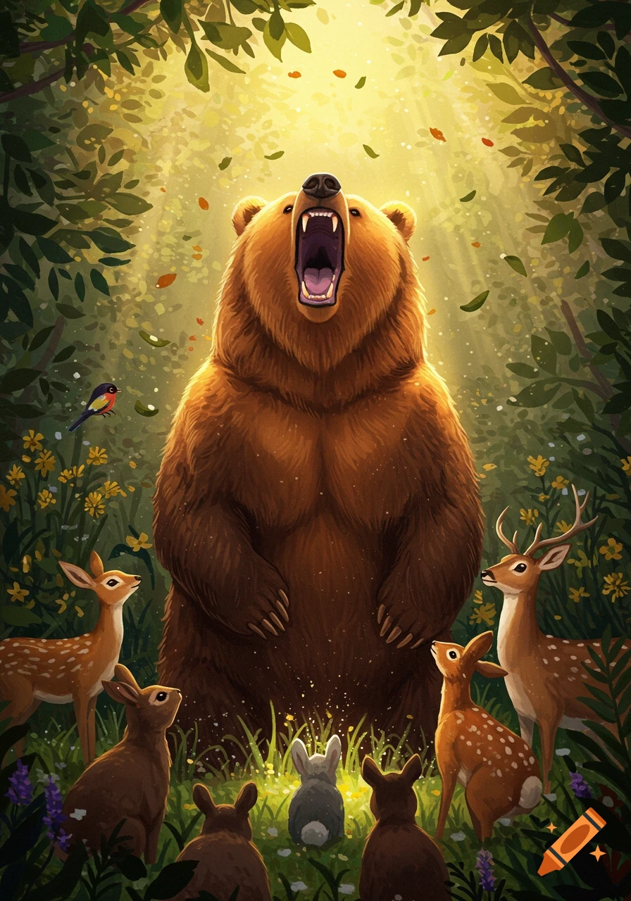 A roaring brown bear stands among deer and rabbits in a brightly lit forest clearing, illustrated.