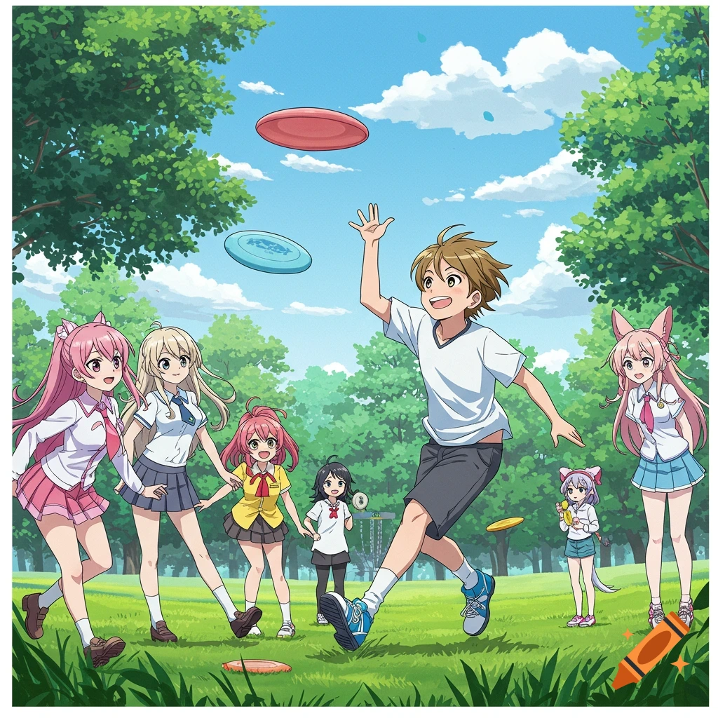 Anime characters, a boy and several girls with animal ears, play disc golf in a sunny park.