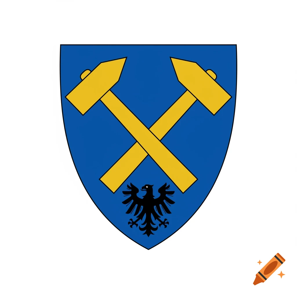 A blue shield with two crossed golden hammers and a black eagle.