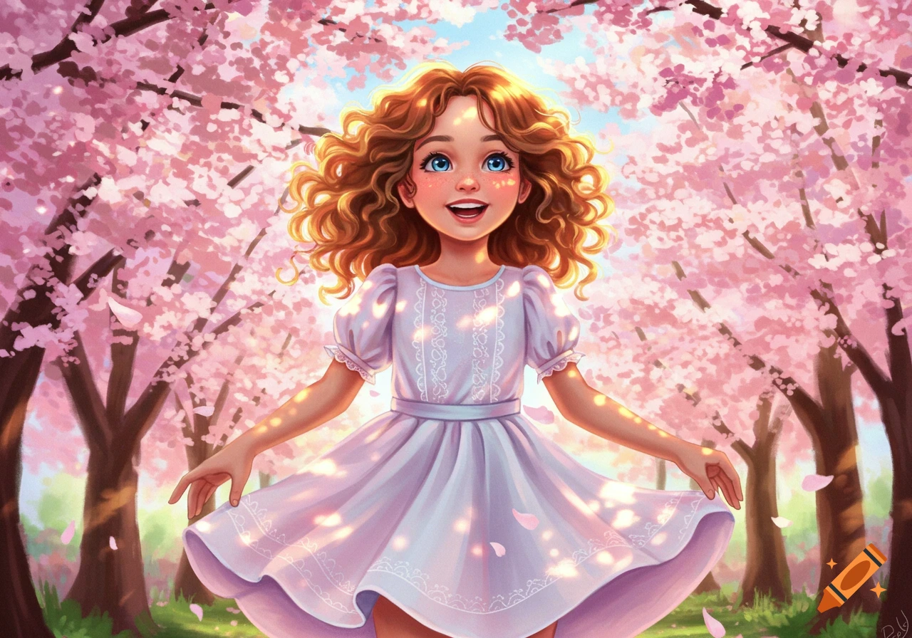 A cheerful girl with curly hair and blue eyes in a light purple dress stands among pink cherry blossoms.