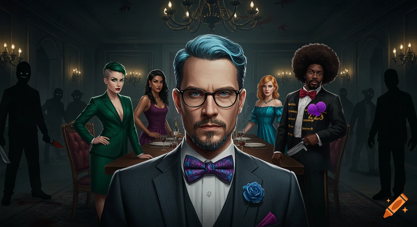 A digital illustration of a murder mystery scene with a group of characters and shadowy figures holding knives in a dark mansion.