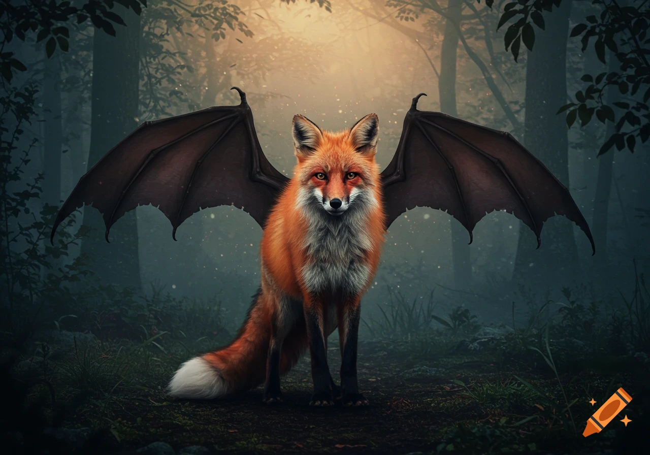 A mystical red fox with large bat wings stands in a misty, ethereal forest at sunset.